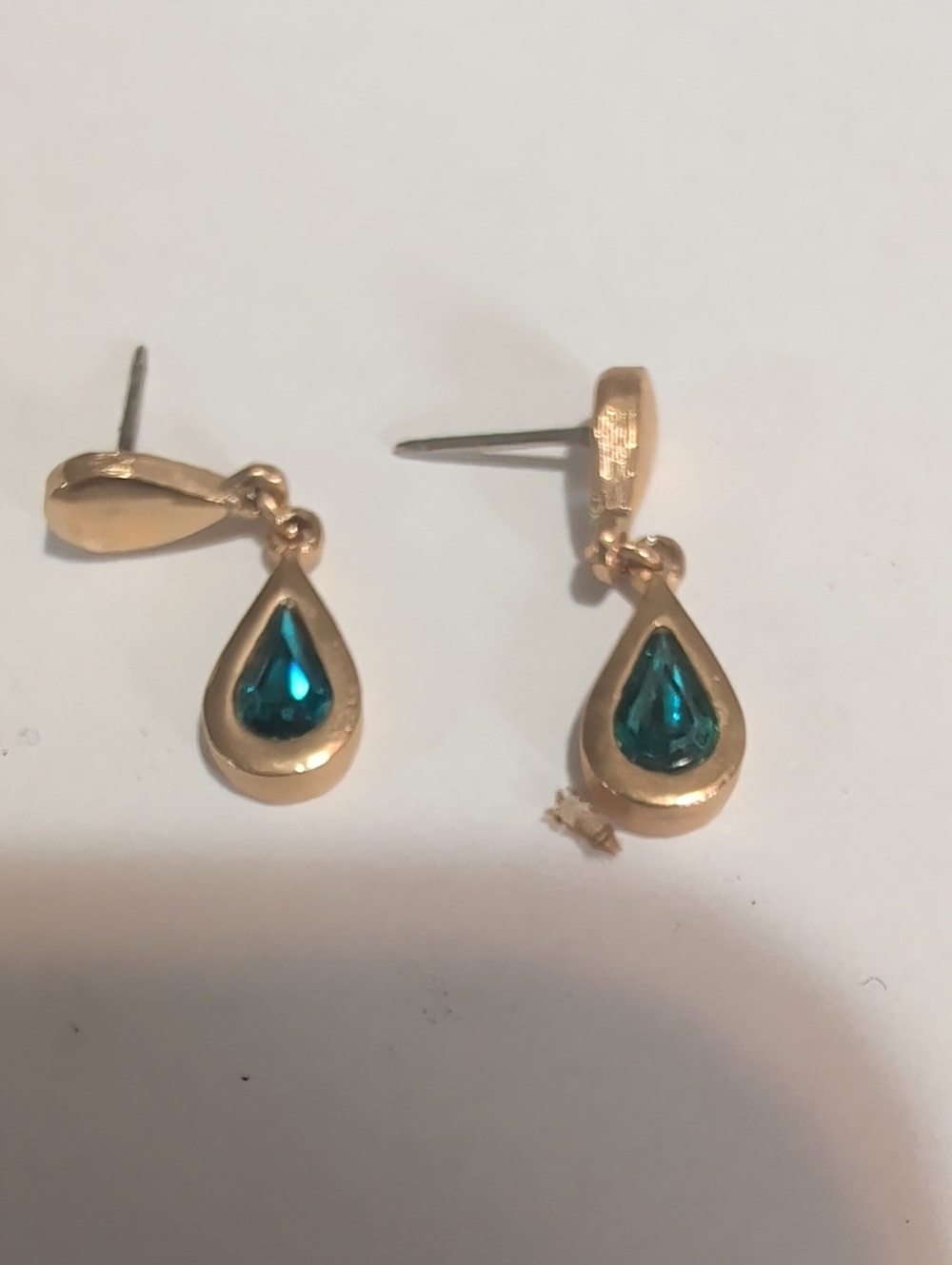 Gold Teardrop Earrings with Blue-Green Crystal